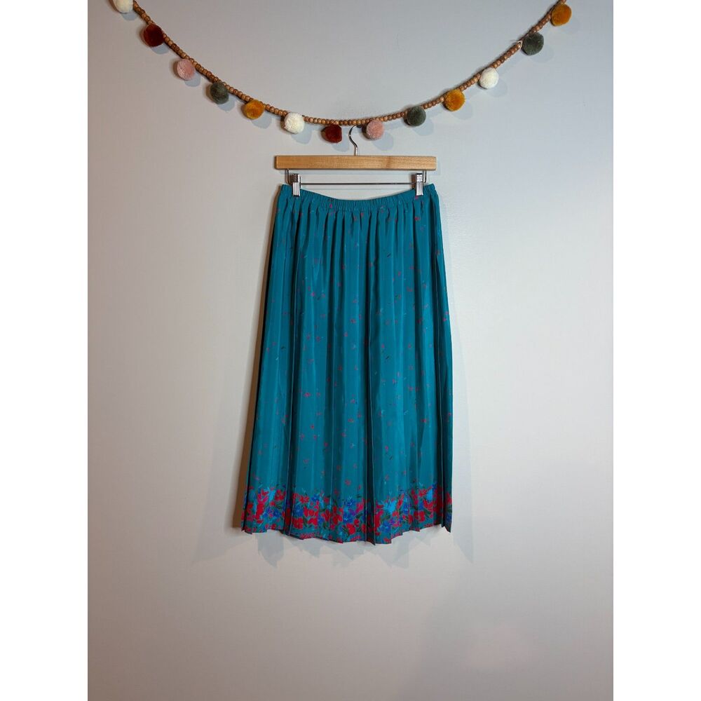 Vtg teal colorful floral midi skirt